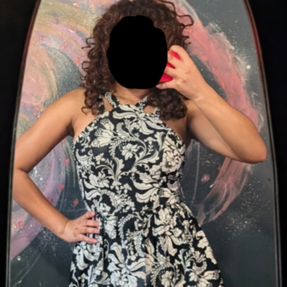 (SOLD ON WHATNOT!)Emerald Sundae Black and White Floral Mini Dress